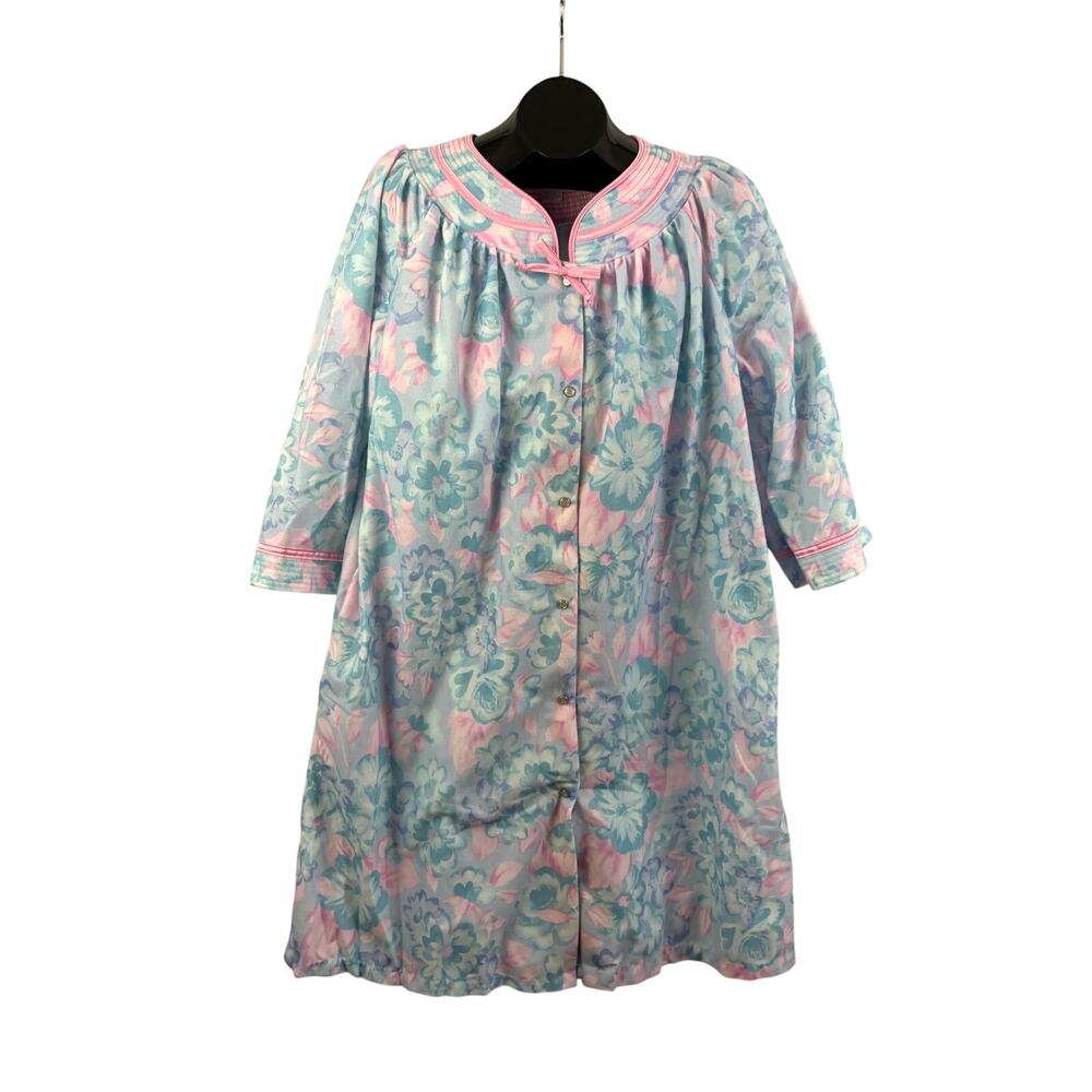 VTG Intimate Moods 2X Floral Snap Front Housecoat Pink Blue Robe